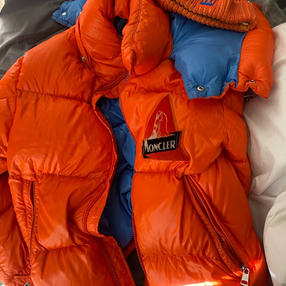 Mens orange Moncler jacket with hoodie worn good condition